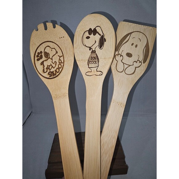 Handmade Cartoon Dog Engraved Wooden Cooking Utensils 2 Spoons and 1 Spatula - Picture 1 of 2